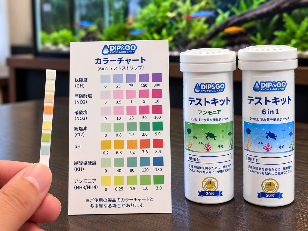 DIP&GOの6in1試験紙を検査後にカラーチャートと照らし合わせて水質を確認している様子