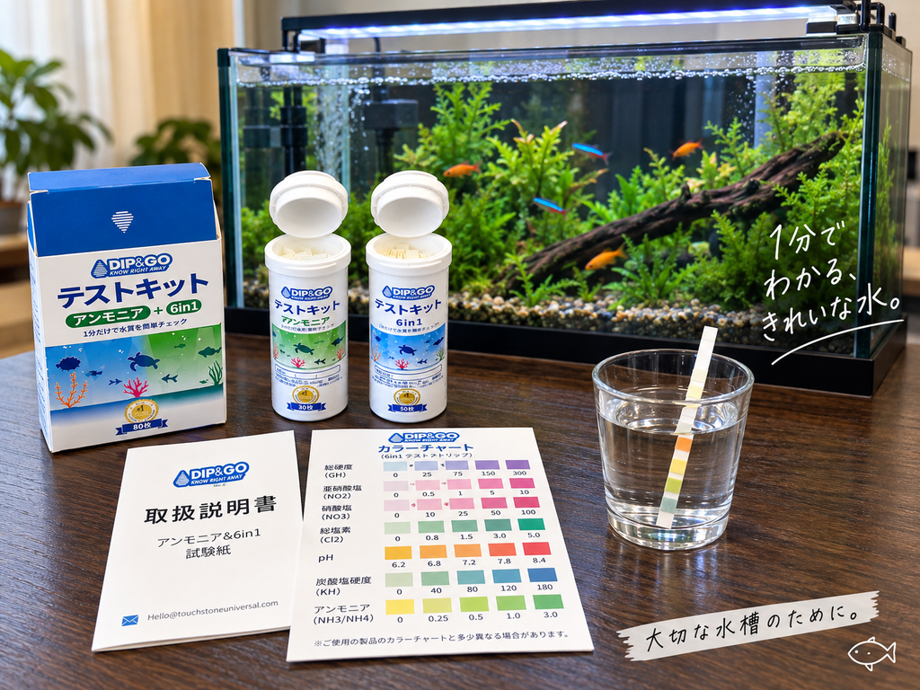 DIP&GO水質検査キットと水槽を並べた実使用イメージ