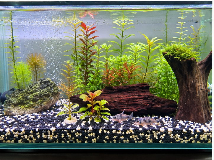 水草おもりリングを流木の後ろに隠して使用している水槽全体