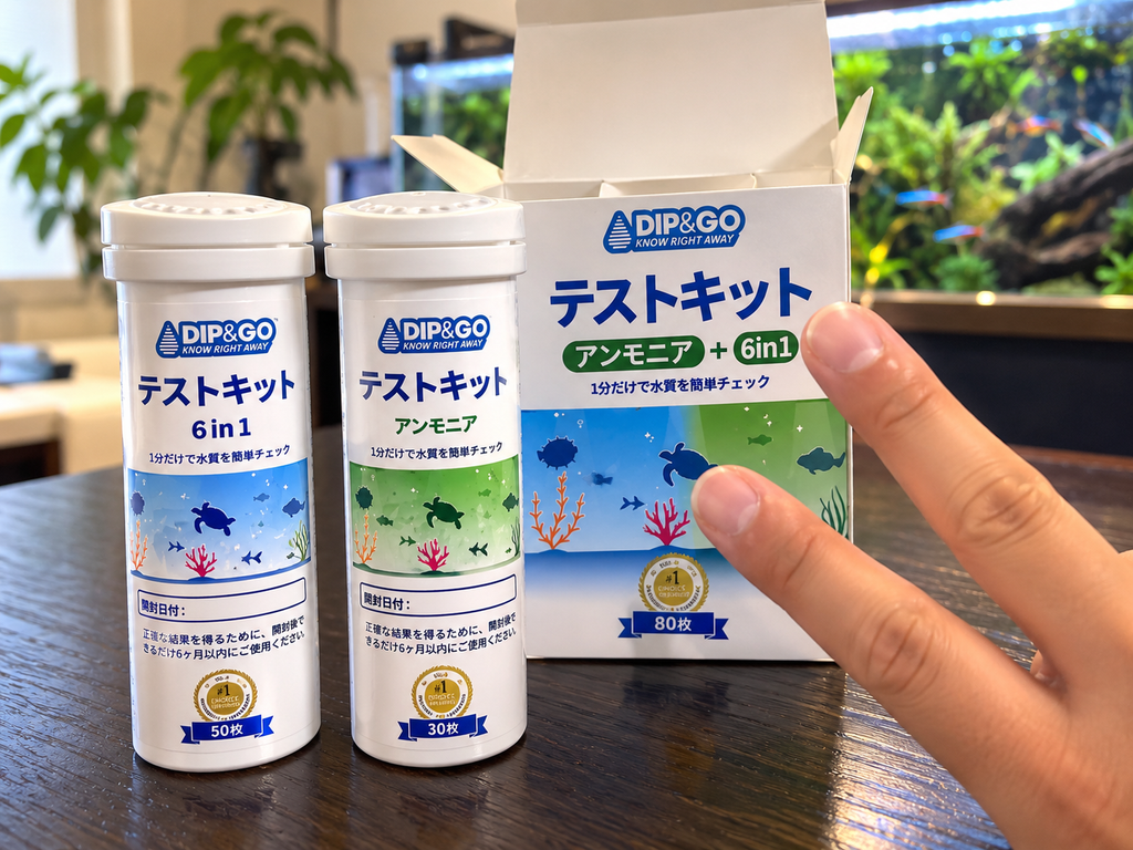 DIP&GO水質検査キットの6in1とアンモニア試験紙を実際に使用している様子